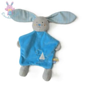 Doudou plat Lapin bleu gris rayé bateau SUCRE D’ORGE