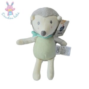 Doudou Hérisson gris blanc rayé vert 25 cm MOTS D’ENFANTS
