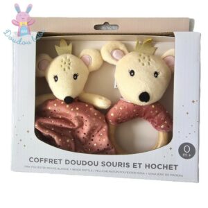 Coffret Doudou Souris plat marron pois dorés + hochet OSTARIA