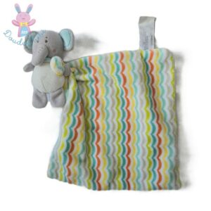 Doudou éléphant gris blanc bleu mouchoir motif vagues SHIMA