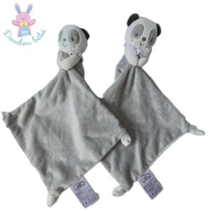 Lot 2 Doudous Panda gris blanc mouchoir MOTS D’ENFANTS