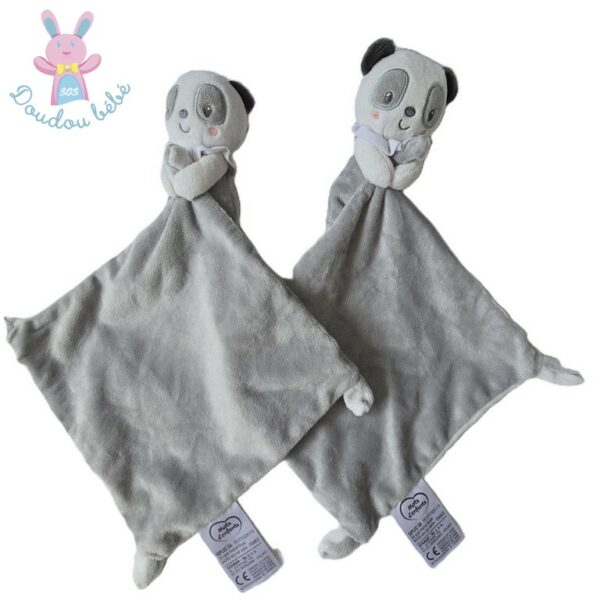 Lot 2 Doudous Panda gris blanc mouchoir MOTS D'ENFANTS