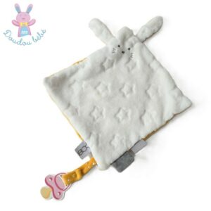 Doudou plat Lapin blanc jaune étoiles attache tétine OBAIBI