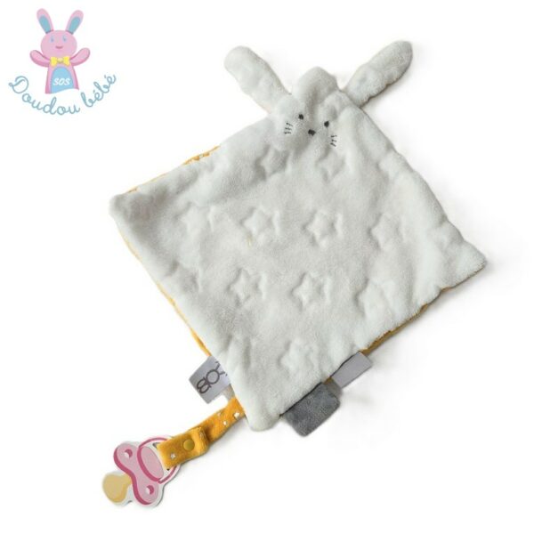Doudou plat Lapin blanc jaune étoiles attache tétine Obaibi