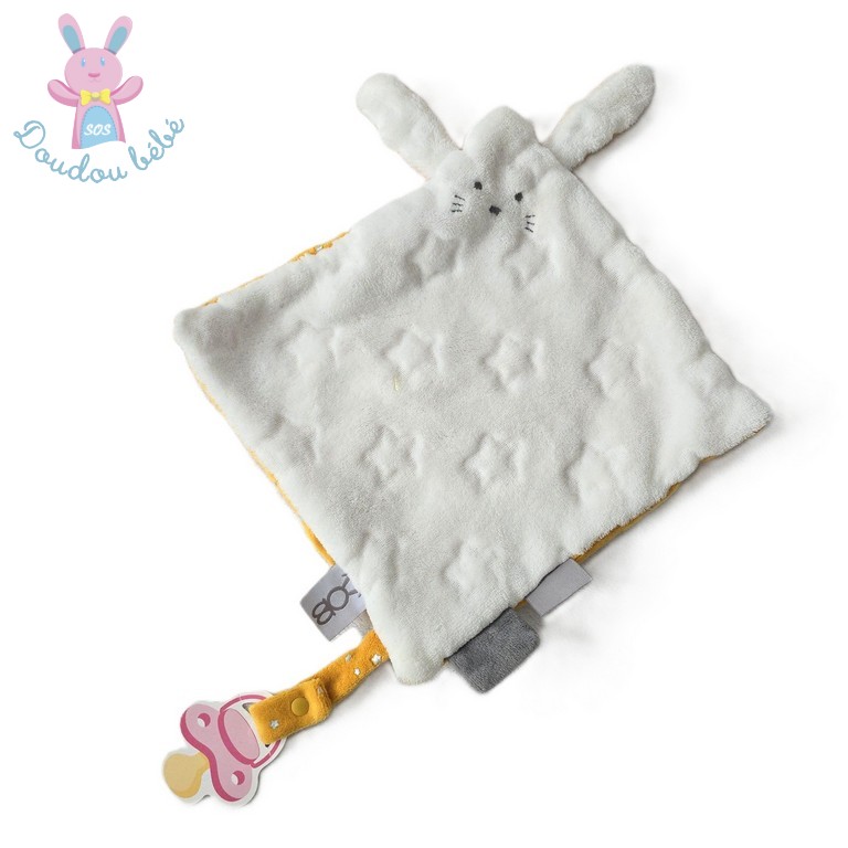 Doudou plat Lapin blanc jaune étoiles attache tétine Obaibi