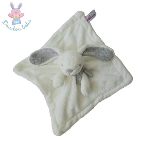 Doudou plat Lapin polaire blanc gris écharpe POMMETTE