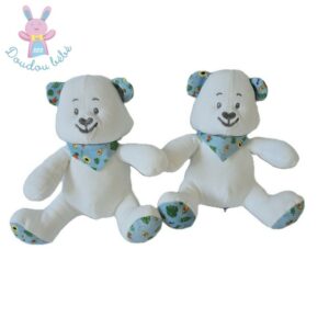 Lot de 2 doudous Ours blanc bleu fleurs feuilles MUSTELA