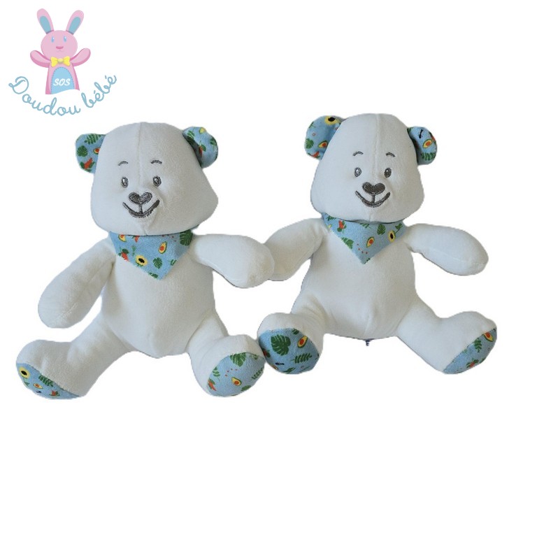 Lot de 2 doudous Ours blanc bleu fleurs feuilles MUSTELA