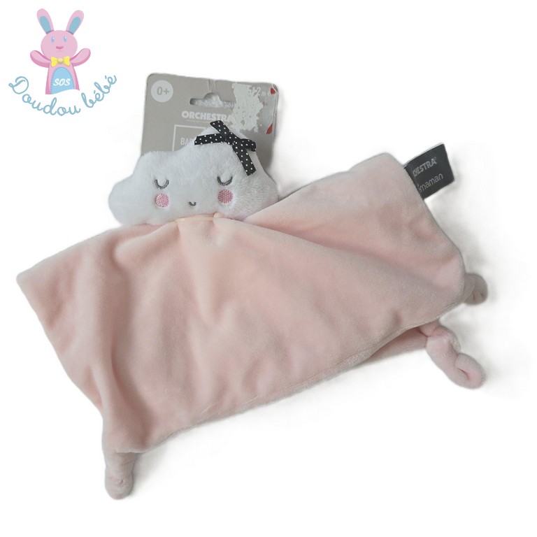 Doudou plat Nuage rose blanc nœud noir Orchestra Prémaman