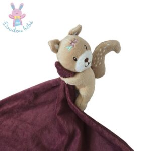 Doudou écureuil beige blanc mouchoir bordeaux Bébé Douceur