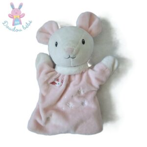 Doudou Souris marionnette rose blanc fleurs oiseau TEX BABY