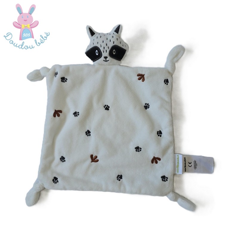 Doudou plat Raton Laveur blanc noir empreintes VERTBAUDET