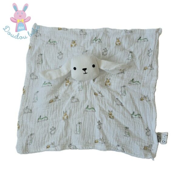 Doudou plat Lapin Mouton lange blanc motifs BOUT'CHOU MONOPRIX