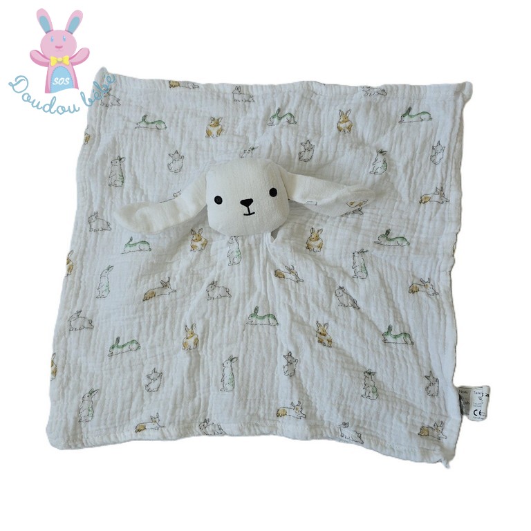 Doudou plat Lapin Mouton lange blanc motifs BOUT'CHOU MONOPRIX