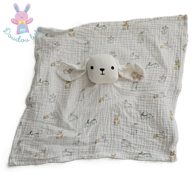 Doudou plat Lapin Mouton lange blanc motifs BOUT'CHOU MONOPRIX