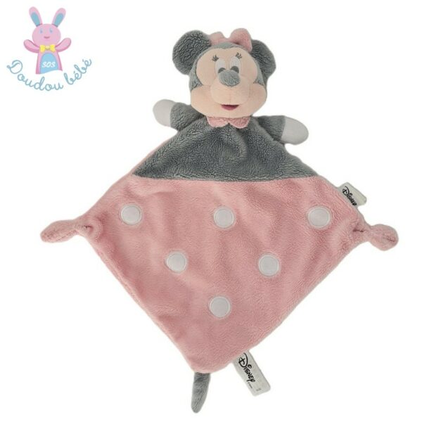 Doudou plat Souris Minnie rose gris blanc pois DISNEY