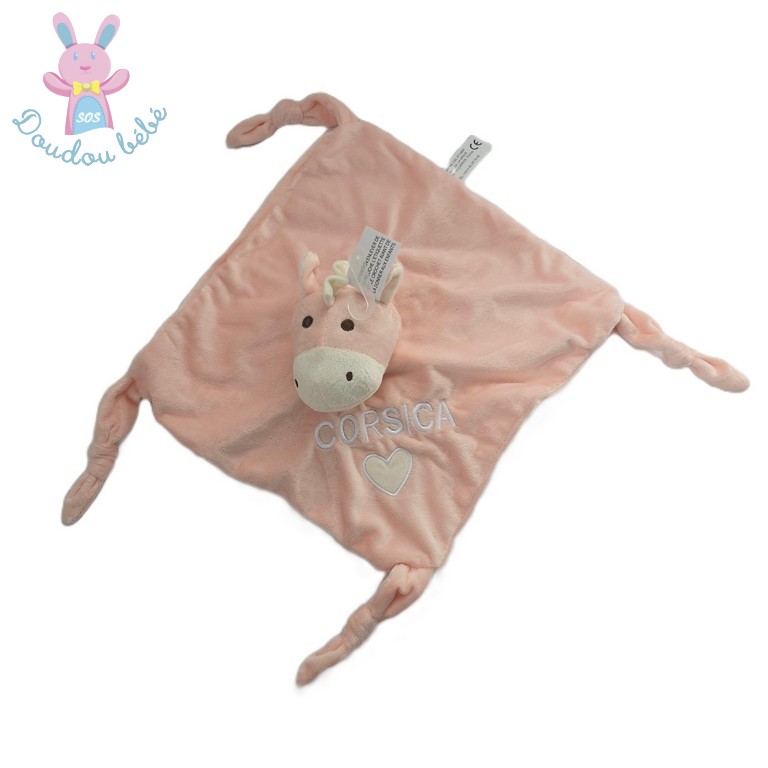 Doudou plat Ane rose blanc Corsica cœur ENTRE CIEL ET MER