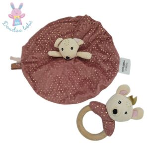 Doudou Souris plat marron pois dorés + hochet OSTARIA
