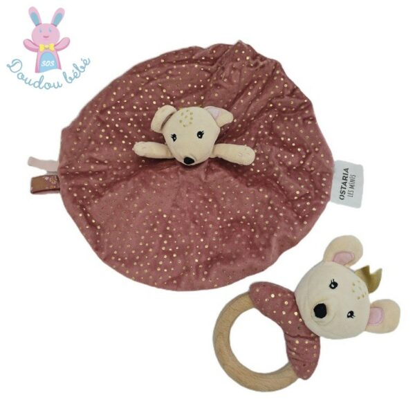 Doudou Souris plat marron pois dorés + hochet OSTARIA