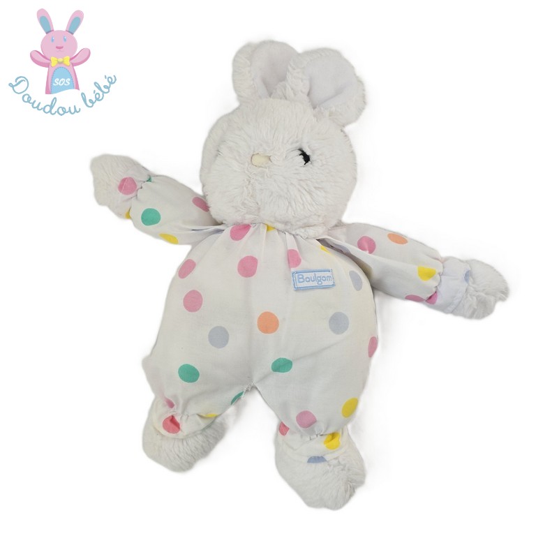 Doudou Lapin blanc à pois colorés Vintage 28 cm BOULGOM