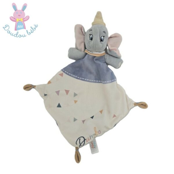 Doudou plat éléphant Dumbo blanc bleu drapeaux DISNEY