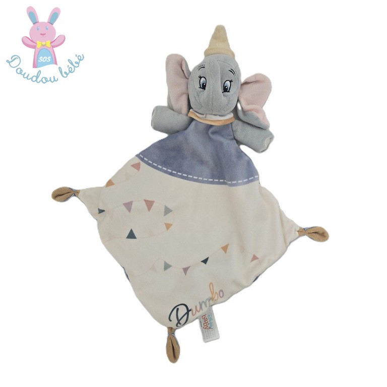 Doudou plat éléphant Dumbo blanc bleu drapeaux DISNEY