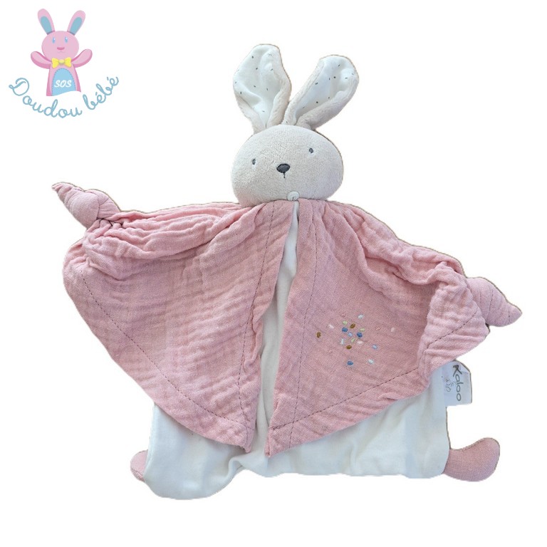Doudou plat Lapin coton bio rose blanc capuche Petit Pas KALOO