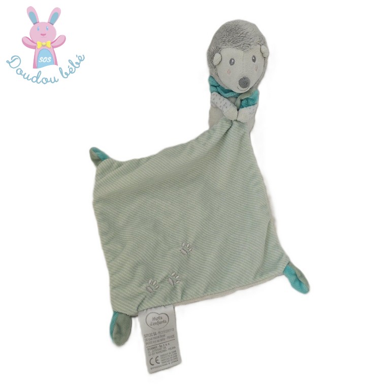 Doudou Hérisson gris blanc mouchoir rayé vert MOTS D'ENFANTS