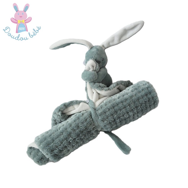 Doudou Lapin Lapidou vert d'eau et blanc couverture gaufré NATTOU