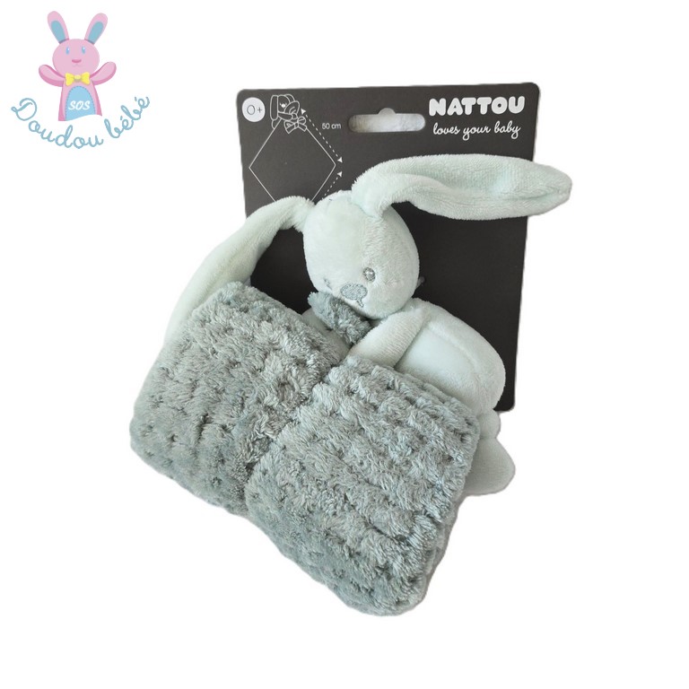 Doudou Lapin Lapidou vert d'eau et couverture gaufré NATTOU
