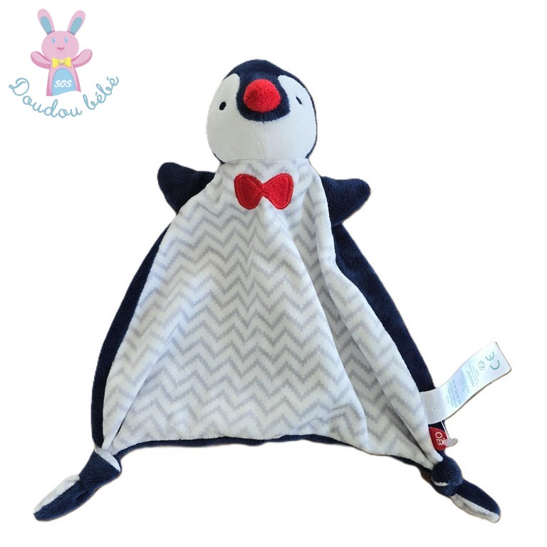 Doudou plat Pingouin blanc marine zig zag gris OBAIBI