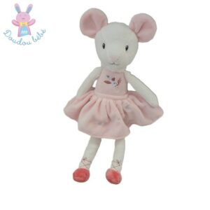 Doudou Souris rose blanc robe fleur oiseau 29 cm TEX BABY