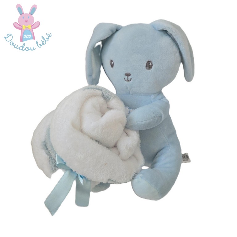 Doudou Lapin bleu + couverture plaid polaire TOM & KIDDY