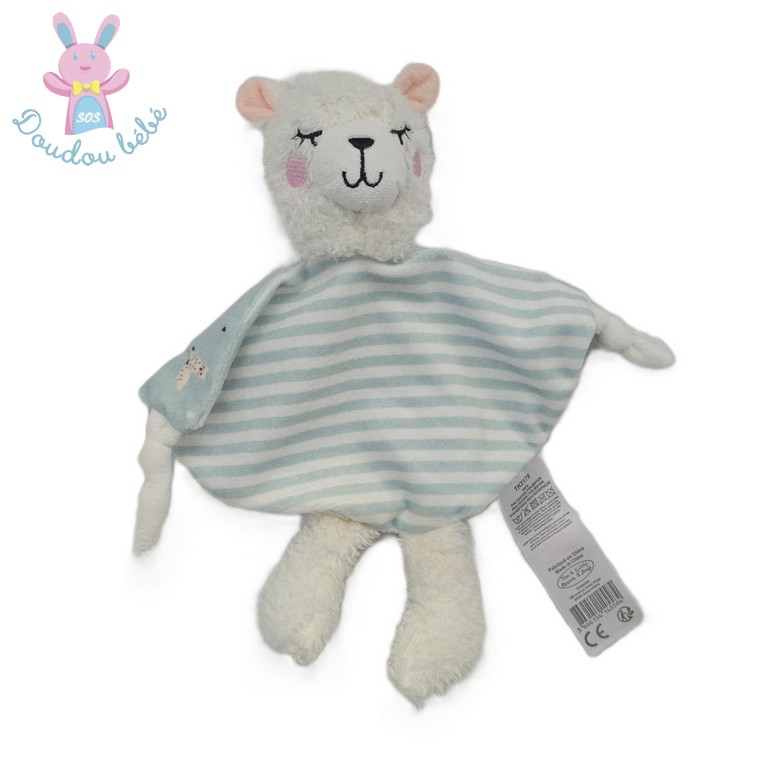 Doudou plat Lama blanc bleu vert rayé TOM & KIDDY