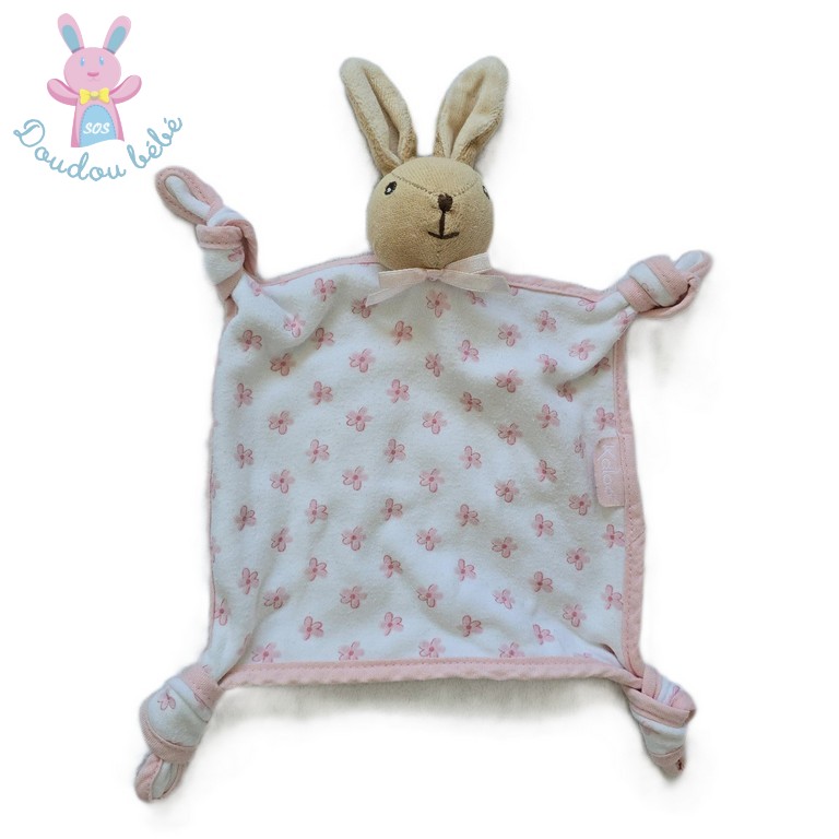 Doudou plat Lapin Lilirose blanc beige rose fleurs KALOO