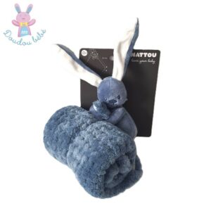 Doudou Lapin Lapidou couverture blanc et bleu foncé gaufré NATTOU