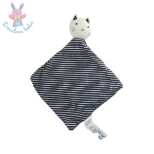 Doudou plat Chat lange rayé bleu marine et blanc OBAIBI
