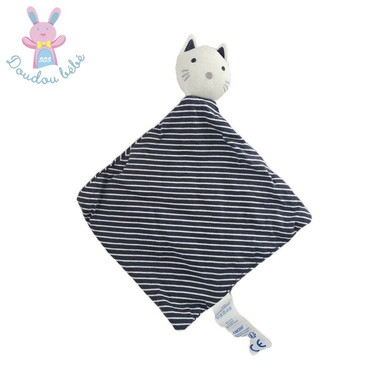 Doudou plat Chat lange rayé bleu marine et blanc OBAIBI