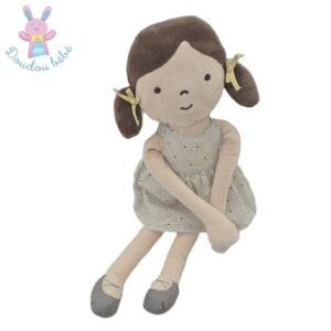 Doudou Poupée beige marron robe à pois mains scratch OBAIBI