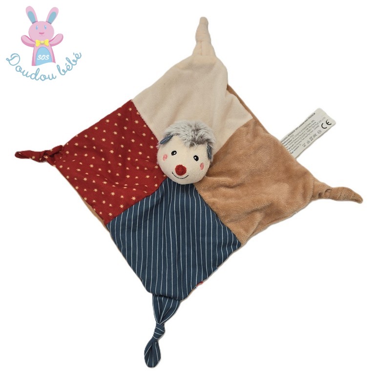 Doudou plat Hérisson rouge blanc rayé étoiles beige SC CONSYS