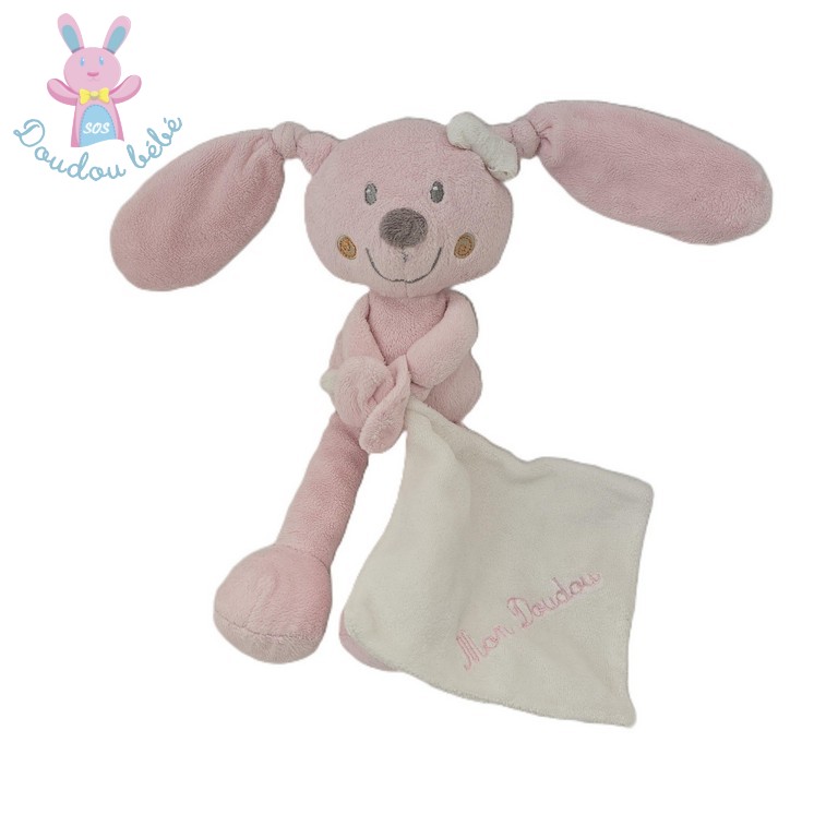 Doudou Lapin rose mouchoir blanc "Mon doudou" POMMETTE