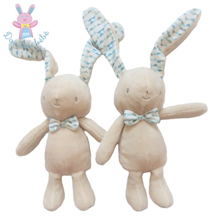 Lot de 2 Doudous Lapin beige blanc écailles bleu KLORANE