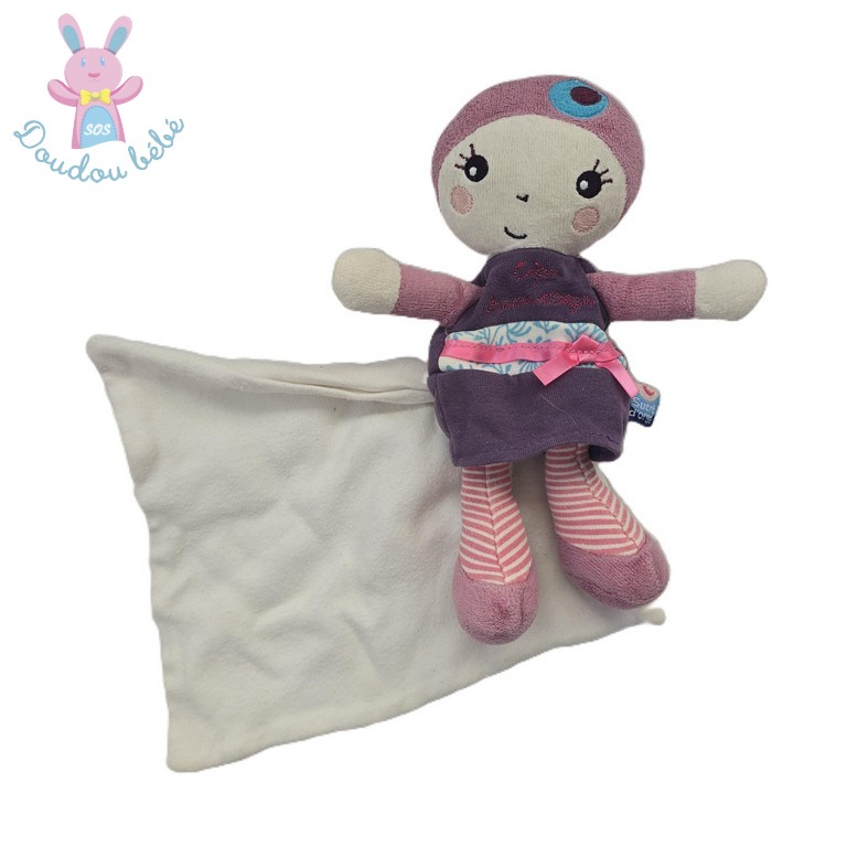 Doudou Poupée Cajou violet mouchoir blanc SUCRE D'ORGE