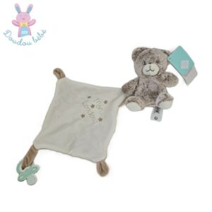 Doudou Ours beige blanc mouchoir « mon doudou » attache tétine TEX