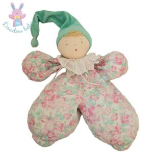 Doudou Lutin tissu fleurs rose bonnet bleu Vintage MOULIN ROTY