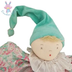 Doudou Lutin tissu fleurs rose bonnet bleu Vintage MOULIN ROTY