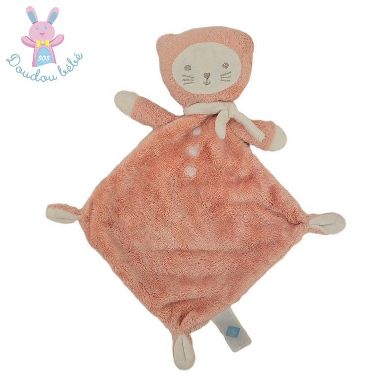 Doudou plat Chat rose saumon blanc écharpe TEX BABY