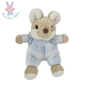 Doudou Souris beige blanc carreaux vichy bleu 19 cm JACADI