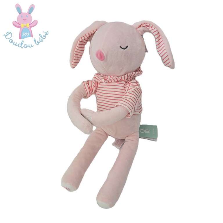 Doudou Lapin rose pull oreilles rayé OBAIBI OKAIDI