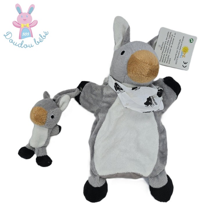 Doudou Ane marionnette et son bébé gris blanc Corsica TEXTISUN